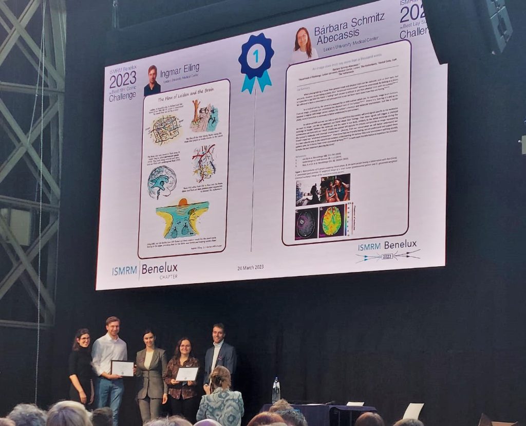 Bárbara Schmitz-Abbecassis and Ingmar Eiling receive their awards at the ISMRM Benelux ceremony